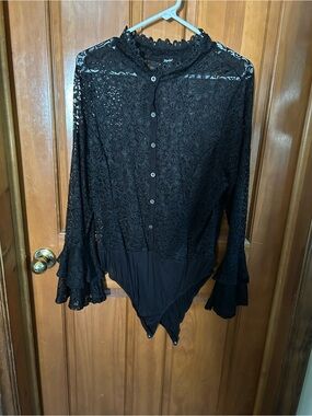 Black Lace Button-Front Bodysuit Top